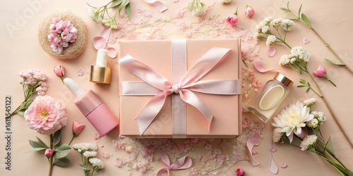A delicate blush pink gift box adorned with a satin ribbon, nestled amongst an array of soft pink and white blossoms, accompanied by elegant cosmetic bottles.
