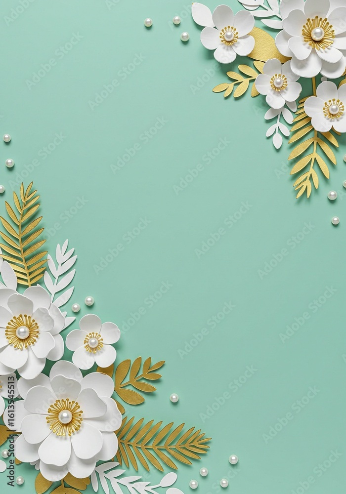 Obraz premium Elegant floral arrangement with white flowers, gold leaves, and pearl accents on a soft teal background. Festive decoration.