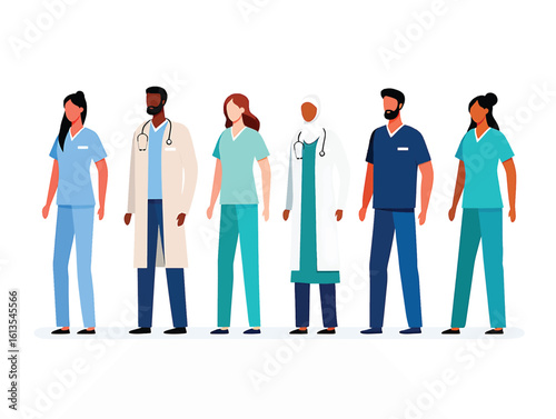Diverse team of multicultural medical professionals standing together. Vector illustration.