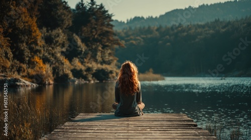 Fototapeta Naklejka Na Ścianę i Meble -  A person with flowing red hair sits on a wooden dock overlooking a serene lake surrounded by trees and distant mountains