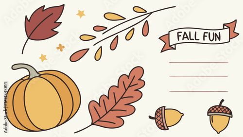 Illustration of autumn elements including a pumpkin leaves acorns a branch and a banner with fall fun text