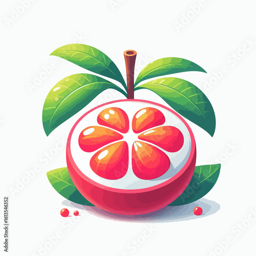 A vibrant, stylized illustration of a halved exotic fruit with bright red segments and green leaves.