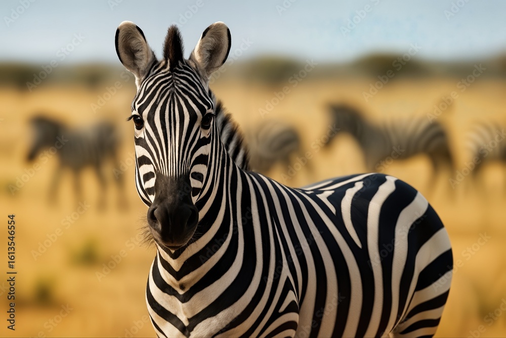 Naklejka premium Zebra Standing in Focus with Blurred Background in Savanna Plains Capturing the Intensity of Nature and Wildlife in African Safari Landscape with Graceful Movement and Majestic Presence