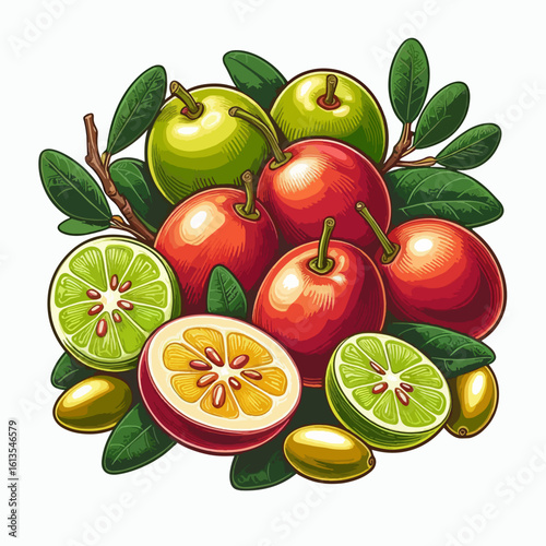 A vibrant illustration of a bountiful assortment of fresh fruits, including apples, limes, passion fruit, and olives, artfully arranged with green leaves and branches.