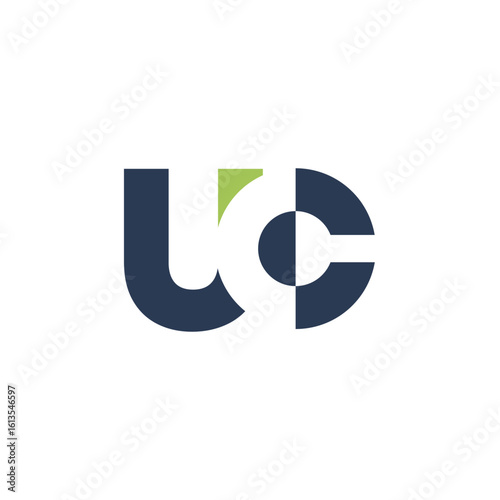 The image shows a logo design of a monogram with initial letters UC in dark grey and green color in simple flat style that looks clean and modern on a white background