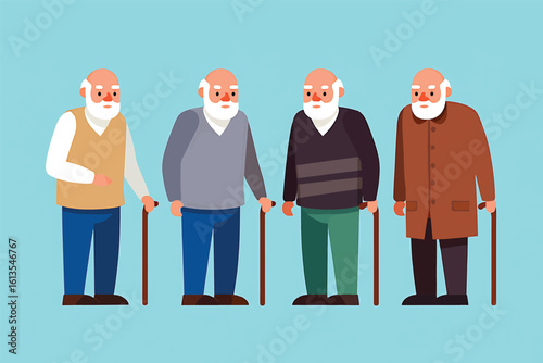 Vector collection of senior old men characters with walking canes