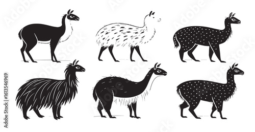 Collection of six distinctive llama illustrations in silhouette