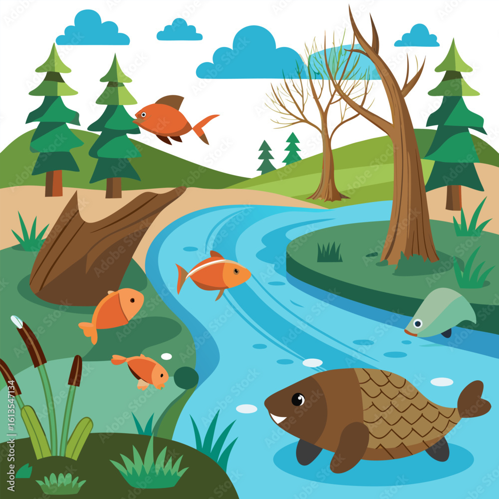 Serene River Scene: Cartoon Fish, Lush Greenery, and Tranquil Forest Landscape Illustration Serene River Scene: Cartoon Fish, Lush Greenery, and Tranquil Forest Landscape Illustration