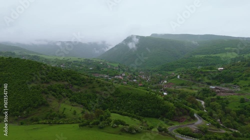 Aerial view Lori province, Armenia, Caucasus. Drone fly over green landscape in Lori province. Ideal for themes of nature, travel, the Caucasus region, and untouched wilderness.