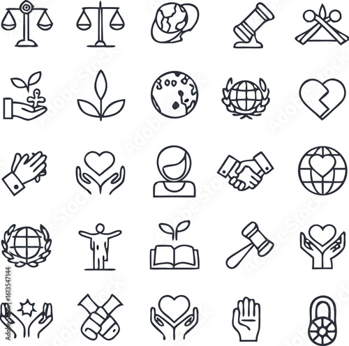 Unity - World Harmony Icons Set | Adjustable Line Weight | Scales, Earth, Leaves, Peace Hands, Global Heart, Book Plant, Gavel, Hug, Plant, Broken Heart, Team, Support.