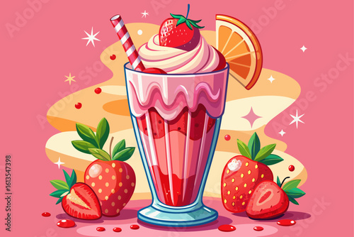vector of A glass of strawberry milkshake with whipped cream and fresh strawberries on a pink background in a tall crystal glass with strawberries garnished around it.