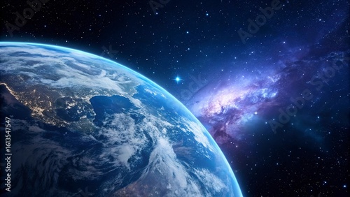 The earth viewed from space with a distant galaxy and stars