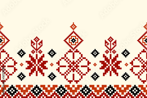 flower embroidery on cream background. ikat and cross stitch geometric seamless pattern ethnic oriental traditional. Aztec style illustration design for carpet,wallpaper,clothing, wrapping,batik.