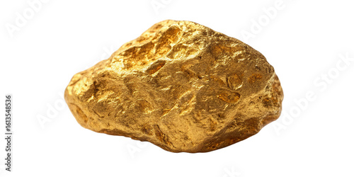 Photo of a large, textured gold nugget isolated on a plain transparent background, representing wealth and precious resources