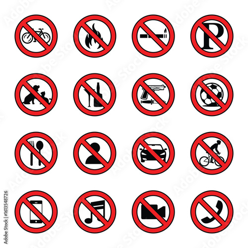 Prohibition Sign Icons Set, No Entry Symbols for Rules and Restrictions