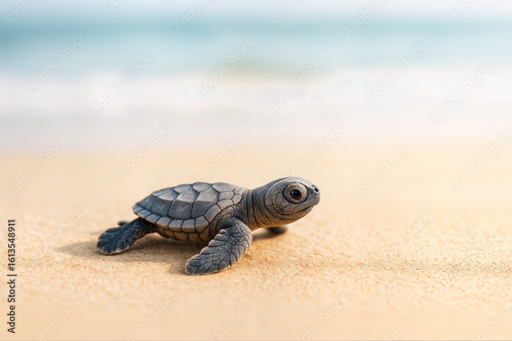Obraz premium Adorable Sea Turtle Hatchling on Sandy Beach, Nature Conservation Wildlife Photography, Coastal Ocean Life