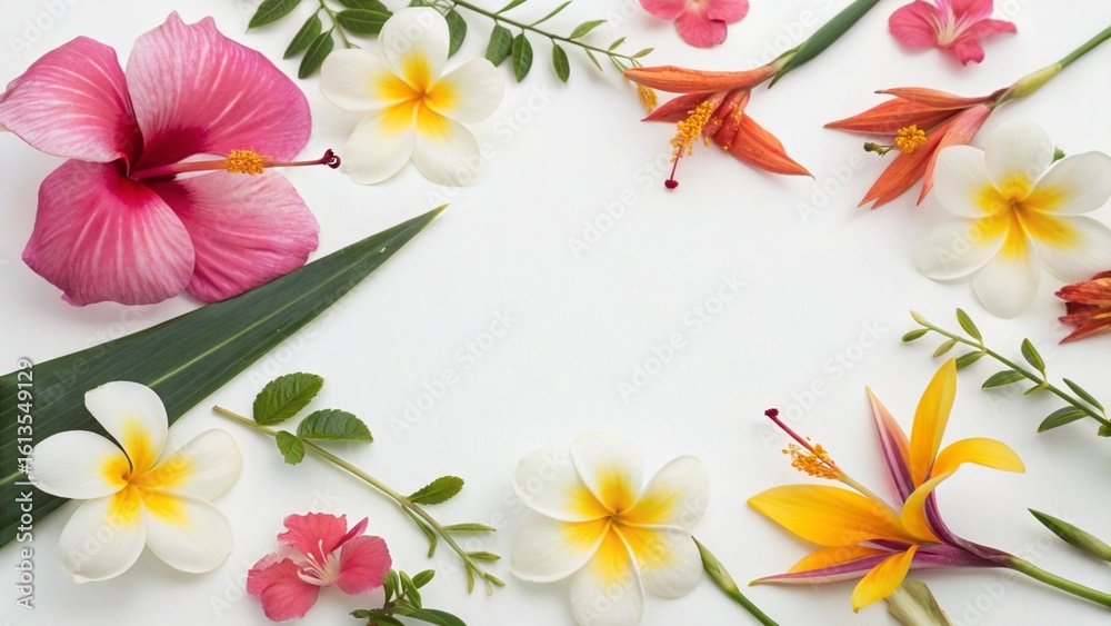 Obraz premium Flat Lay of Exotic Tropical Flowers Including Hibiscus Orchid and Heliconia on White Background Suitable for Copy Space Use
