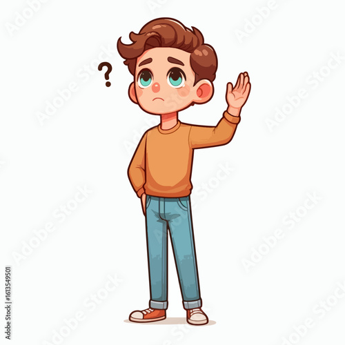 Cartoon illustration of a boy with a questioning expression, depicted in a casual pose.