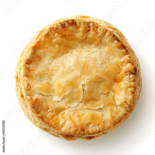 Golden-brown baked pie with flaky crust, top view