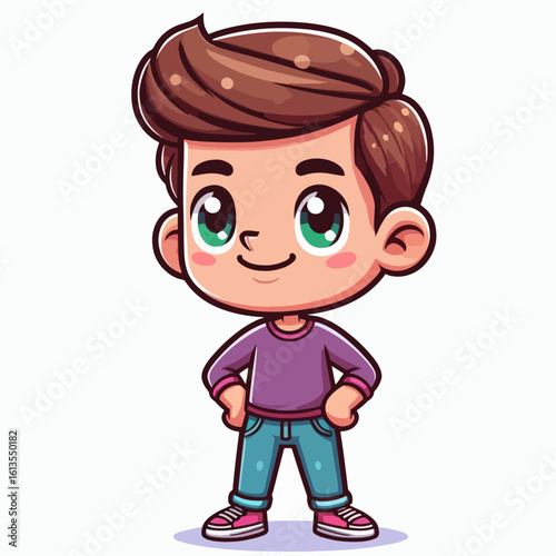 Digitally rendered cartoon depiction of a young boy, smiling and poised, wearing casual clothing.