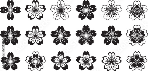 Collection of stylized cherry blossom flowers isolated on transparent background