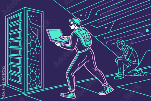 Cybersecurity Hackers Accessing Data Server with Laptop in Futuristic Environment