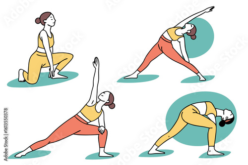 Four yoga poses illustration woman practicing yoga healthy lifestyle concept