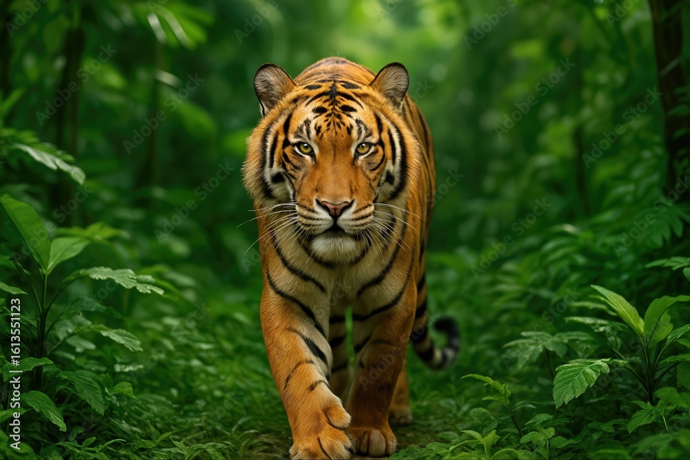 Obraz premium Majestic Tiger Walking Through Lush Jungle with Dense Green Foliage and Intense Gaze