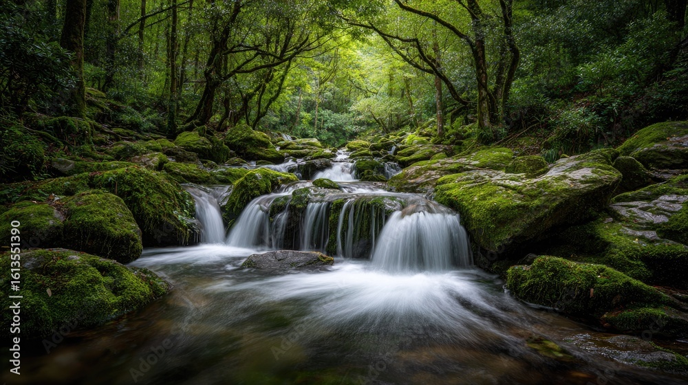 Fototapeta premium Lush mossy stream cascading over rocks in a forest