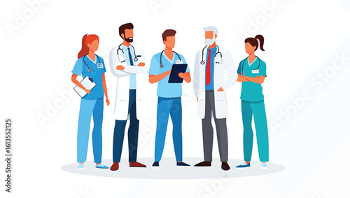 Medical team of doctors and nurses standing together. Vector illustration concept.