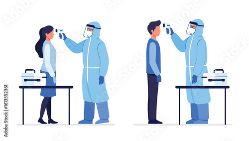 Medical staff in hazmat suits performing temperature screening on people vector