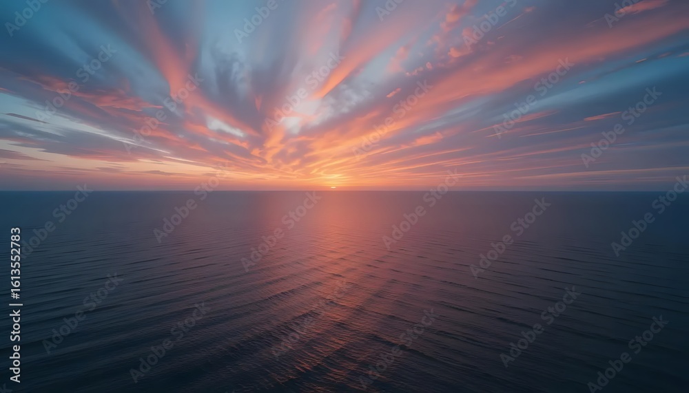 Fototapeta premium Vivid sunset over calm ocean, with streaks of pink and orange clouds