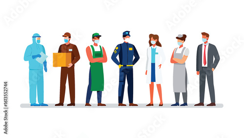 Essential workers and frontline professionals wearing face masks vector art