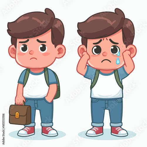 Two cartoon boys, one slightly more distressed than the other, each holding a briefcase and wearing a backpack.  They both express sadness with visible facial expressions.