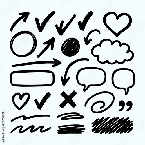 Hand drawn doodle elements set. Vector sketch arrows, circles, highlight marks.