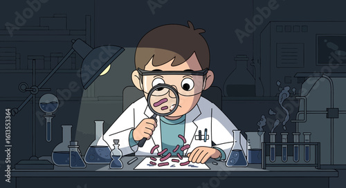 Male Scientist Studying Bacteria Samples in Dark Laboratory – Vector

