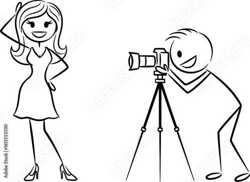 Stick figure model posing for photographer with camera on tripod doodle style illustration