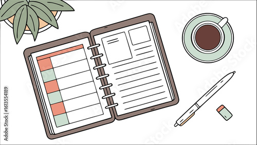 Overhead view of an open planner with a plant, coffee, pen, and eraser on a white surface top view