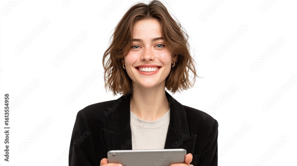 A young woman with a radiant smile and short brown hair holds a tablet, facing the viewer against a clean white backdrop A young woman with a radiant smile and short brown hair holds a tablet, facing the viewer against a clean white backdrop