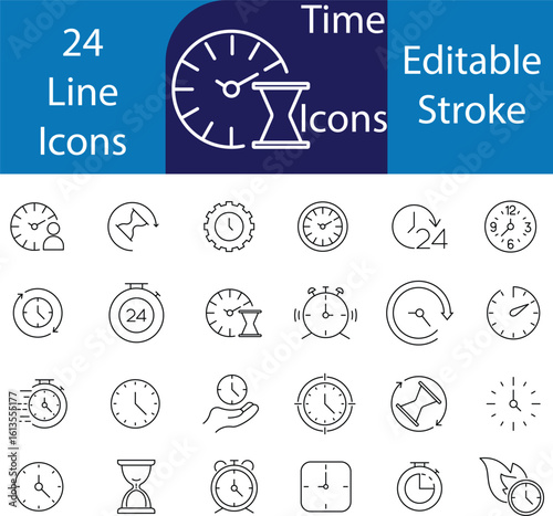 Time Line Editable Icons set. Vector illustration in modern thin line style of clock related icons: timer, stopwatch, alarm, and more. Isolated on transparent background