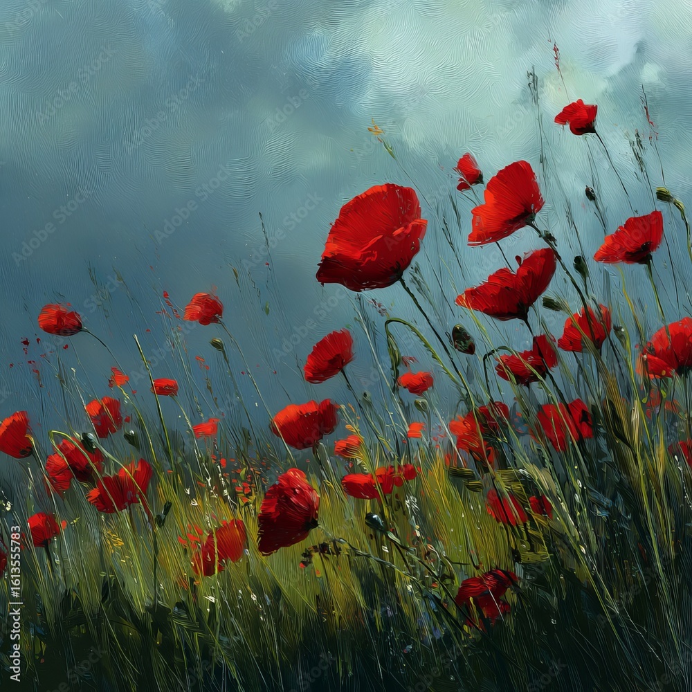 Obraz premium Vibrant Red Poppies in Lush Green Field Under Soft Blue Sky