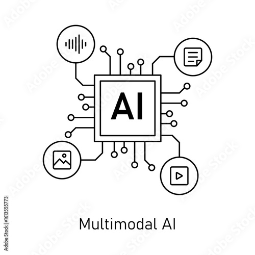Multimodal deep learning AI, voice image text fusion system flat vector icon