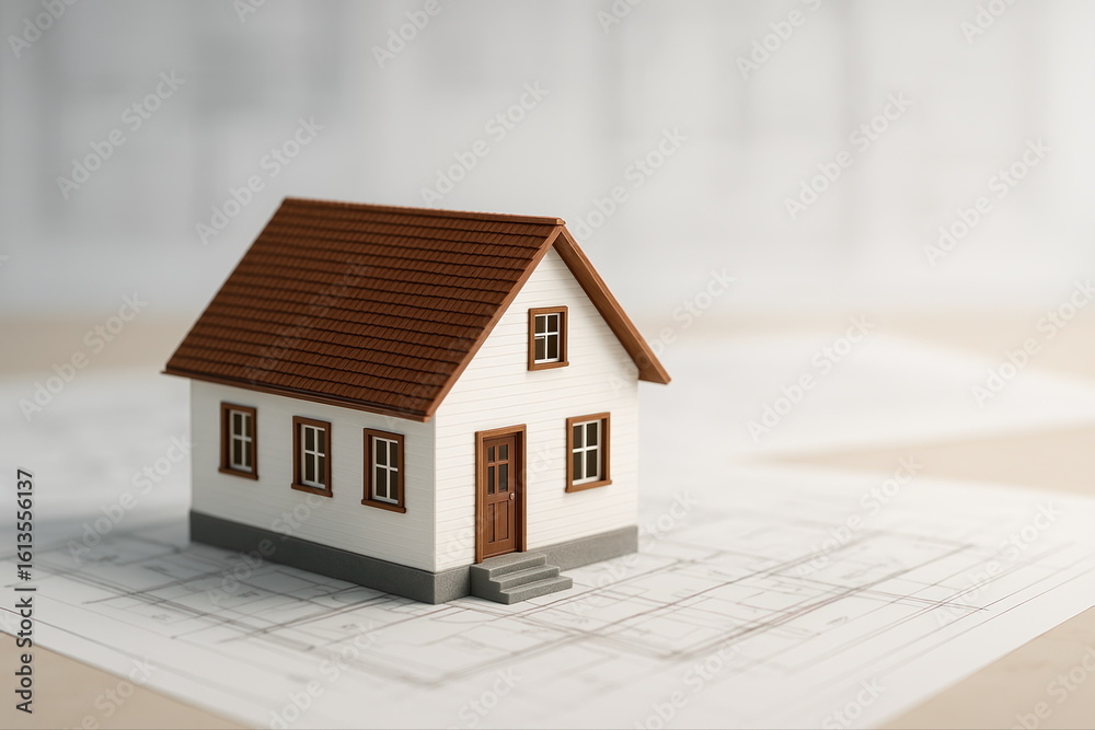 Model House on Blueprints: Architectural Planning and Design Concept Featured in a Modern Construction Project with Copy Space for Real Estate and Engineering Presentations Model House on Blueprints: Architectural Planning and Design Concept Featured in a Modern Construction Project with Copy Space for Real Estate and Engineering Presentations