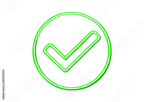 Bright green neon check mark inside a circle on a black background