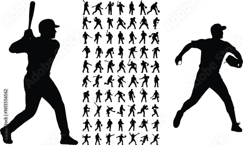 Baseball player silhouettes vector set. Collection of pitcher, batter, and fielder icons.
