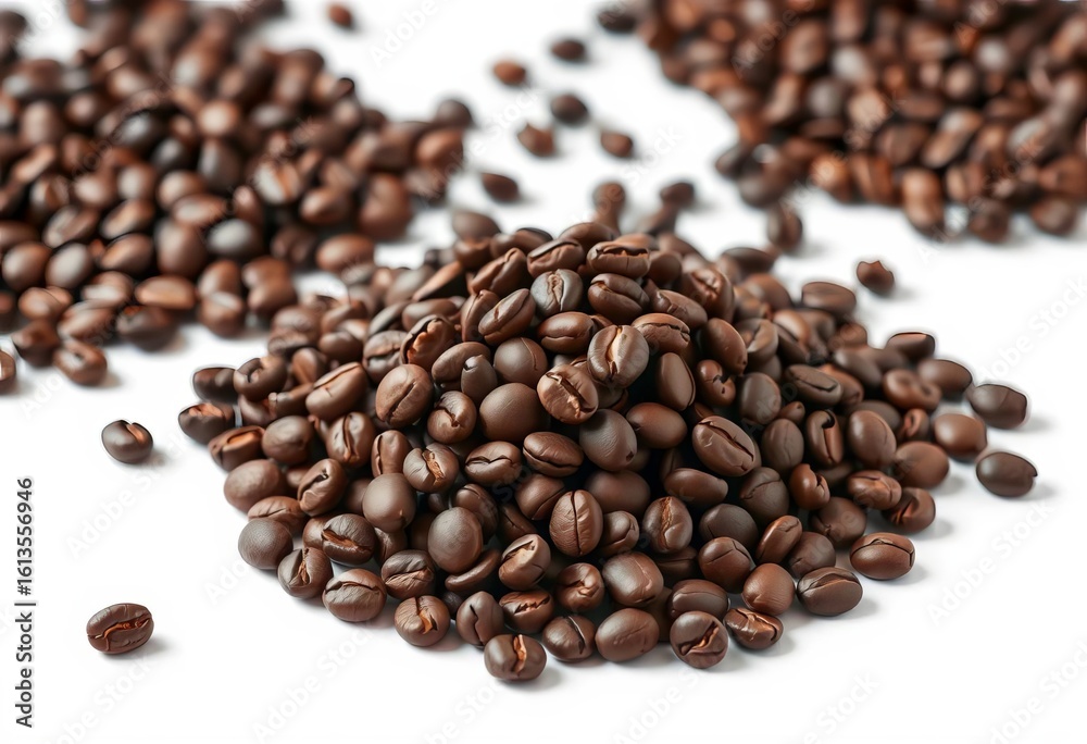 Fototapeta premium A rich mound of dark roasted coffee beans on pristine white background, ingredient, food