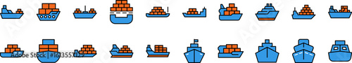 Blue Red Ship Filled Color Icon Bundle. Minimalistic Linear Pictogram for Web and Graphic Design, Apps, Banners, Social Network and Cards
