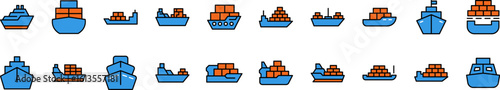 Set of Filled Color Icons of Blue Red Ship. Minimalistic Linear Pictogram for Web and Graphic Design, Apps, Banners, Social Network and Cards