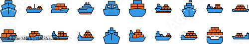 Collection of Filled Color Icons of Blue Red Ship. Minimalistic Linear Pictogram for Web and Graphic Design, Apps, Banners, Social Network and Cards