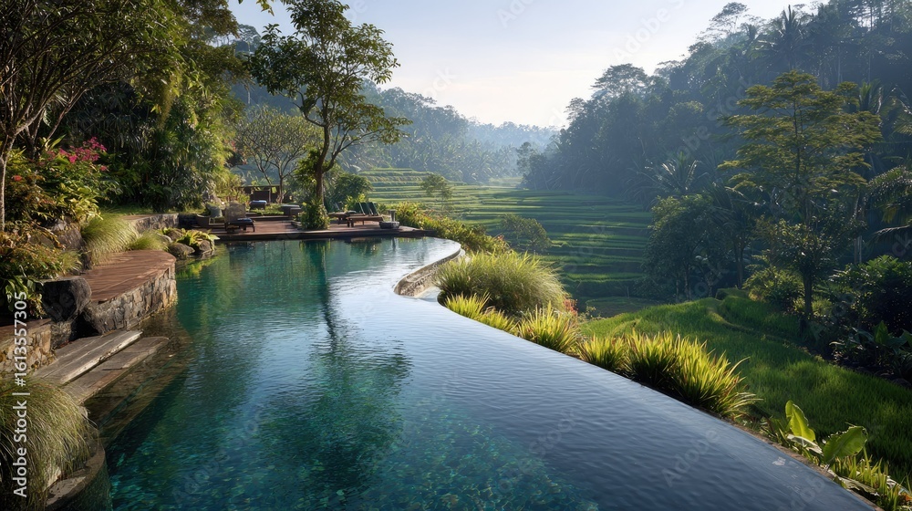 Fototapeta premium Serene infinity pool overlooking lush valley